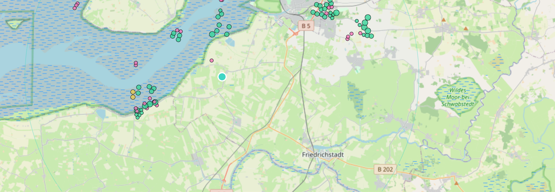 Helle Karte um Friedrichstadt mit Bestandsanlagen in Grün, Planungen in Gelb, Anlagen mit auslaufendem EEG in Pink, dem Projektstandort in Türkis und dem Einzugsgebiets-Radius