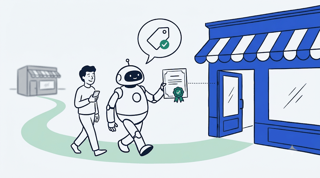 Illustration: Die KI trägt ein Zertifikat mit grünem Siegel aus dem blauen Shop und führt den Käufer zu dessen Tür