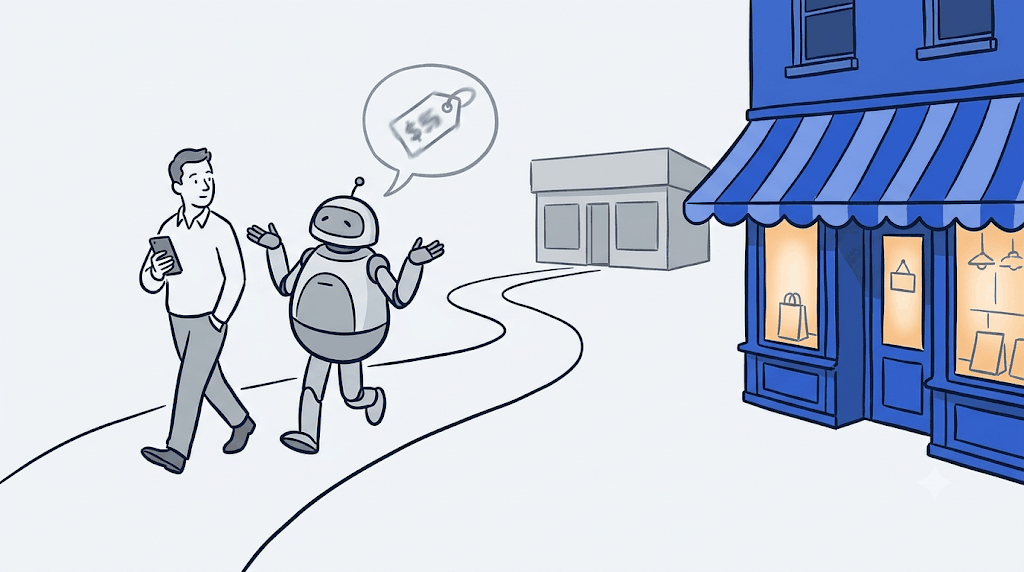 Illustration: Die KI zuckt mit den Schultern und führt den Käufer am blauen Shop vorbei zum grauen Wettbewerber